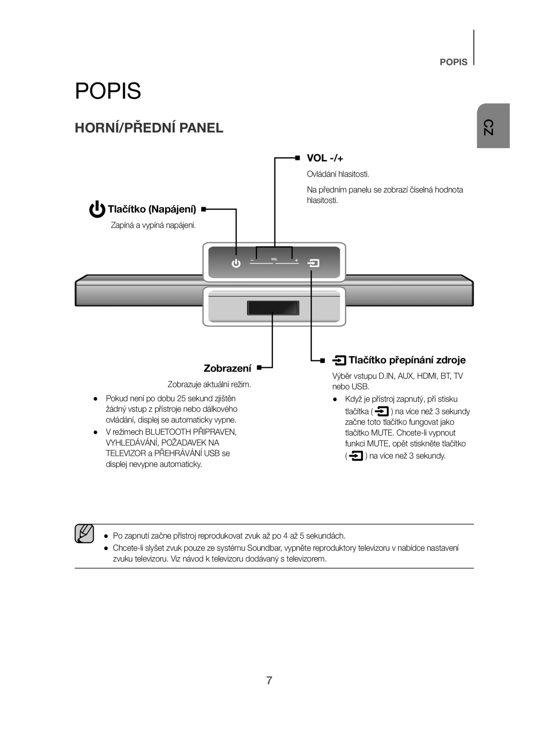 Samsung HW-J550/EN, HW-J551/EN manual HORNÍ/PŘEDNÍ Panel, Tlačítko Napájení, Zobrazení, Tlačítko přepínání zdroje 