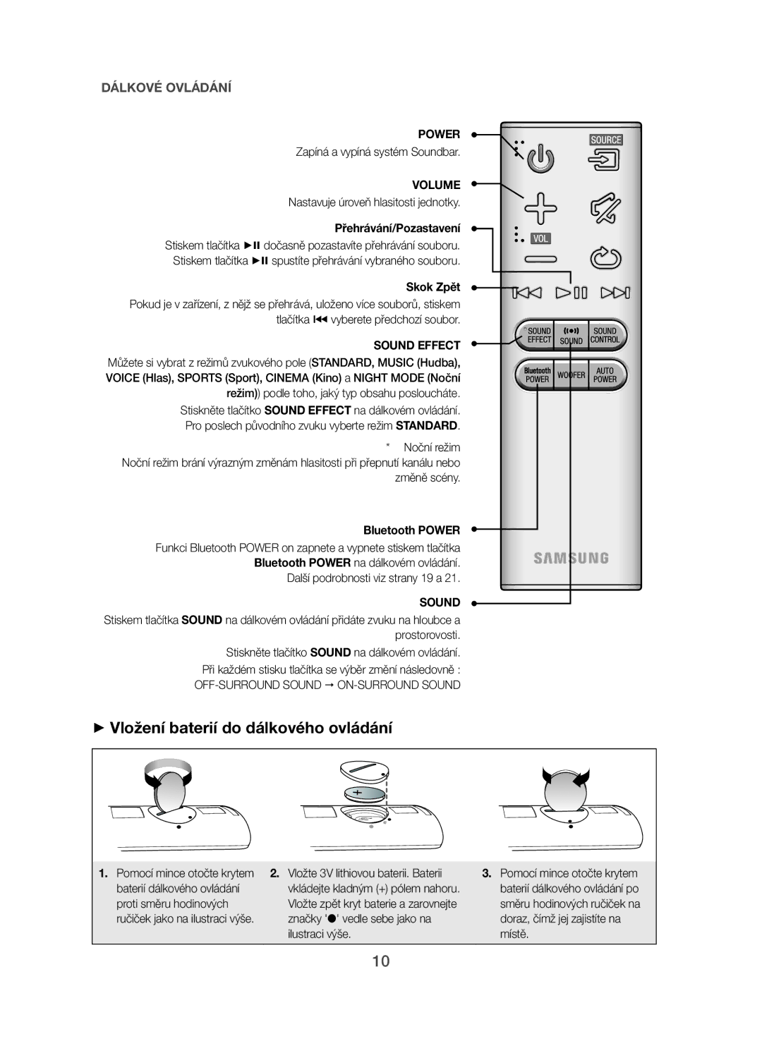 Samsung HW-J551/EN, HW-J550/EN manual ++Vložení baterií do dálkového ovládání, Přehrávání/Pozastavení, Skok Zpět 