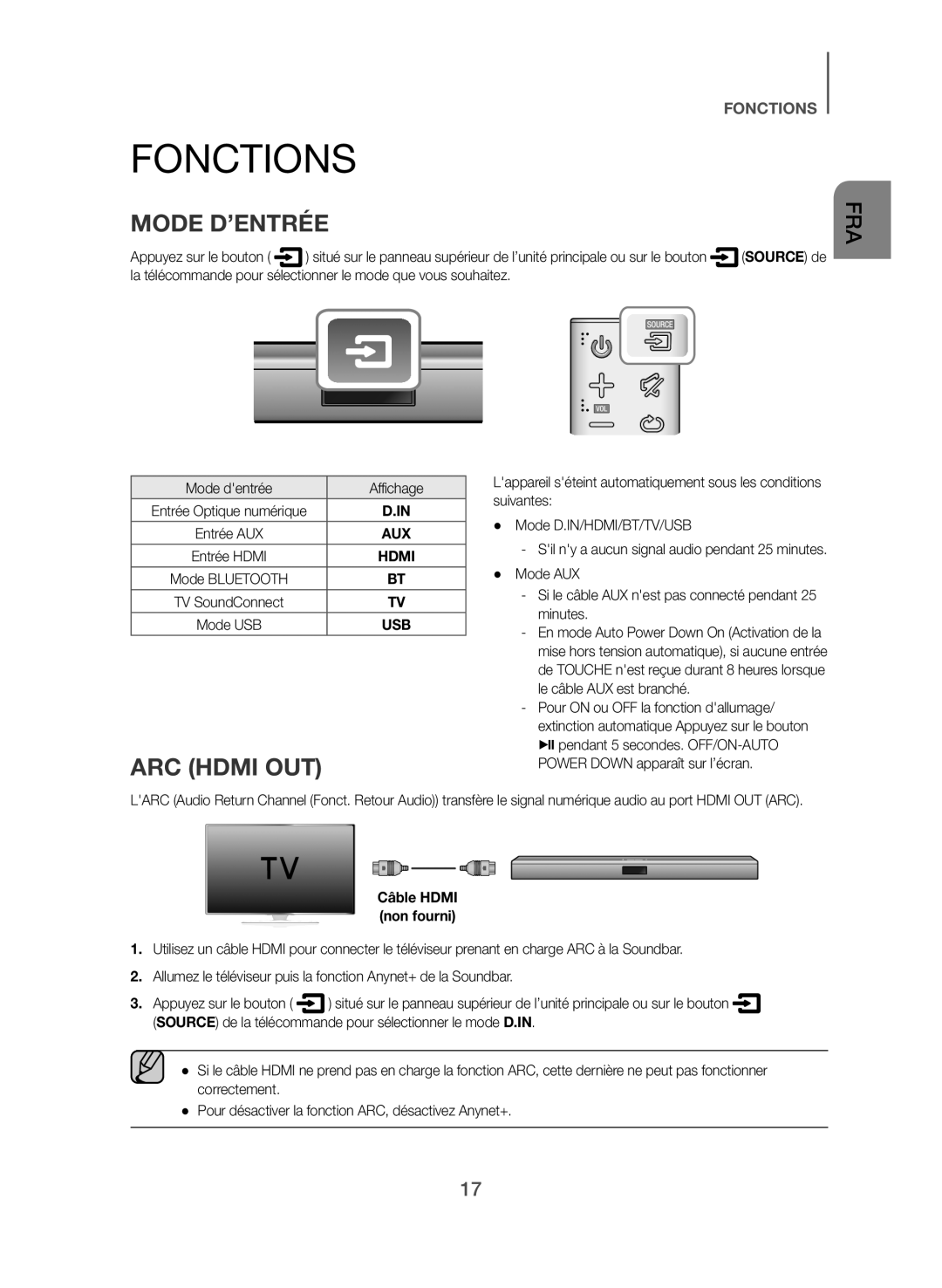 Samsung HW-J550/EN, HW-J551/EN manual Fonctions, Mode D’ENTRÉE, ARC Hdmi OUT, Mode dentrée Affichage 