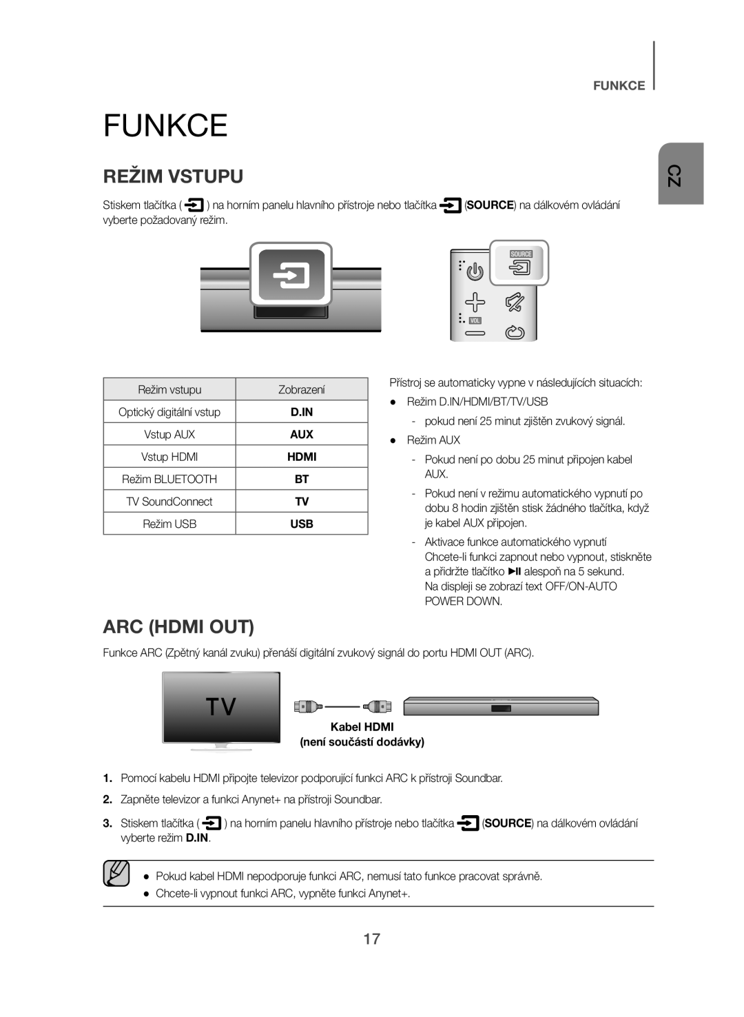 Samsung HW-J550/EN, HW-J551/EN manual Funkce, Režim Vstupu 