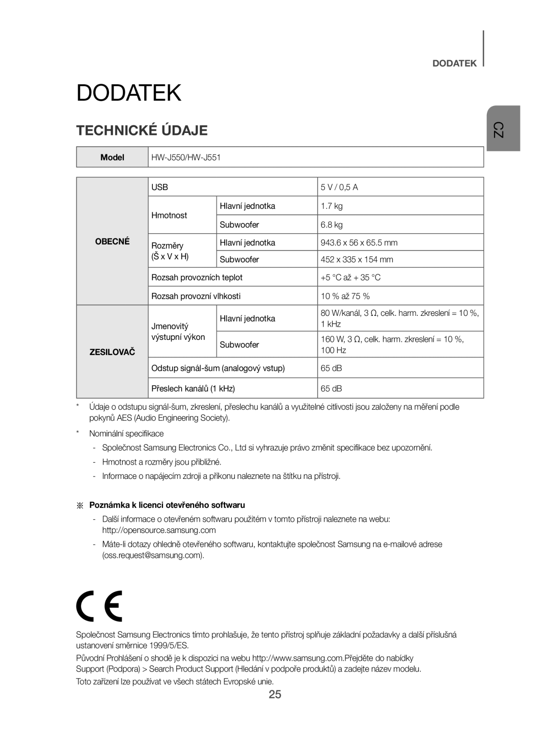 Samsung HW-J550/EN, HW-J551/EN manual Model, Aa Poznámka k licenci otevřeného softwaru 