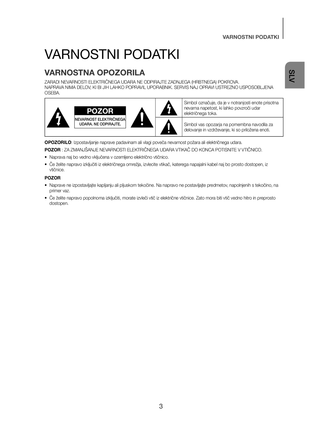 Samsung HW-J550/EN, HW-J551/EN manual Varnostni Podatki, Varnostna Opozorila 