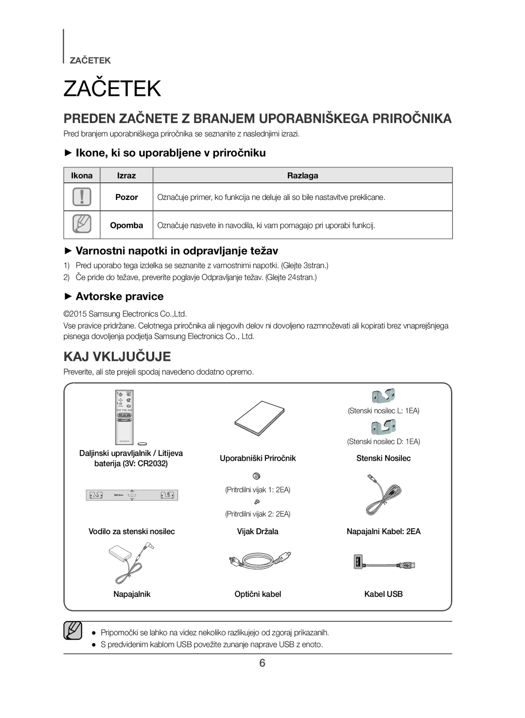 Samsung HW-J551/EN, HW-J550/EN manual Začetek, Preden Začnete Z Branjem Uporabniškega Priročnika, KAJ Vključuje 