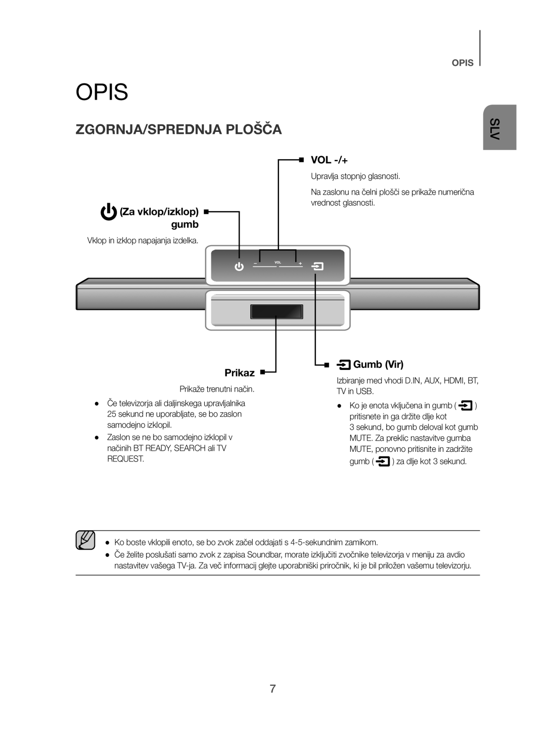 Samsung HW-J550/EN, HW-J551/EN manual Opis, ZGORNJA/SPREDNJA Plošča, Za vklop/izklop gumb, Prikaz, Gumb Vir 