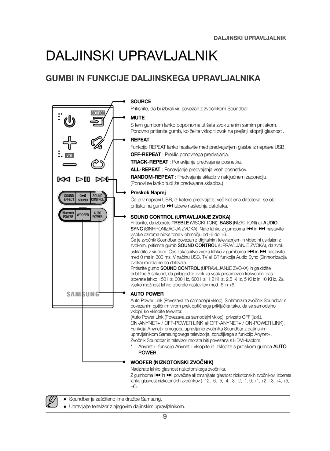 Samsung HW-J550/EN, HW-J551/EN manual Daljinski Upravljalnik, Gumbi in Funkcije Daljinskega Upravljalnika, Preskok Naprej 