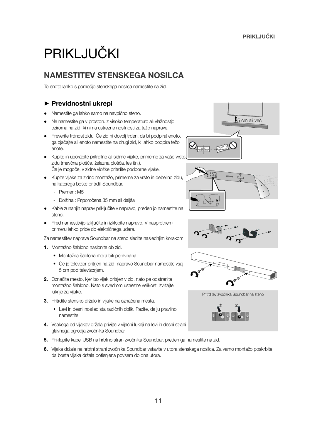 Samsung HW-J550/EN, HW-J551/EN manual Priključki, Namestitev Stenskega Nosilca, ++Previdnostni ukrepi 