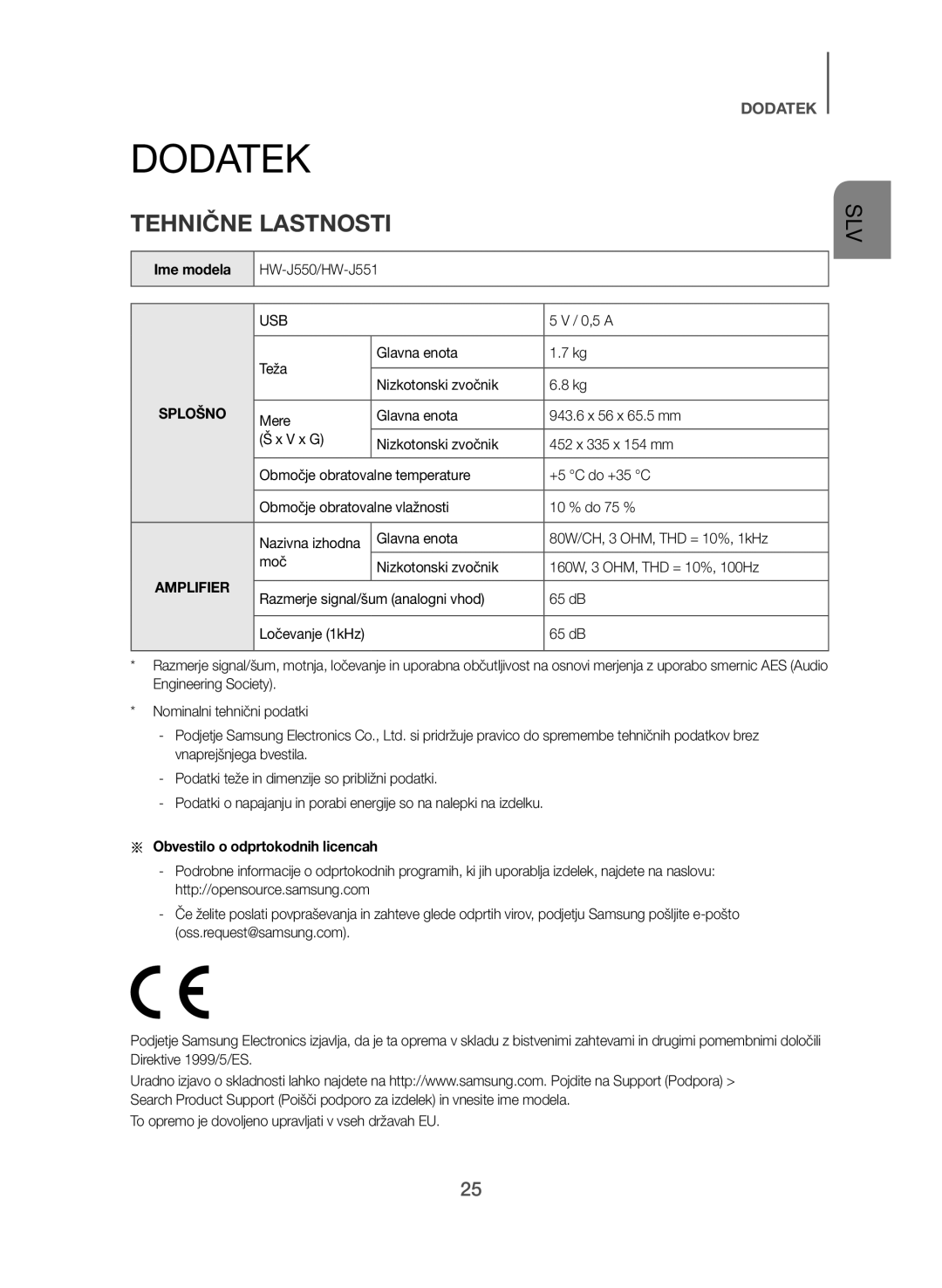 Samsung HW-J550/EN manual Tehnične Lastnosti, Ime modela, Teža Glavna enota, Glavna enota 80W/CH, 3 OHM, THD = 10%, 1kHz 