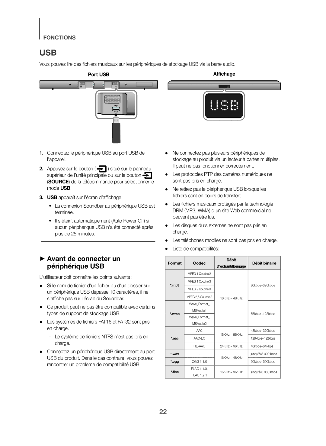 Samsung HW-J551/EN, HW-J550/EN manual Usb, ++Avant de connecter un périphérique USB, Port USB 