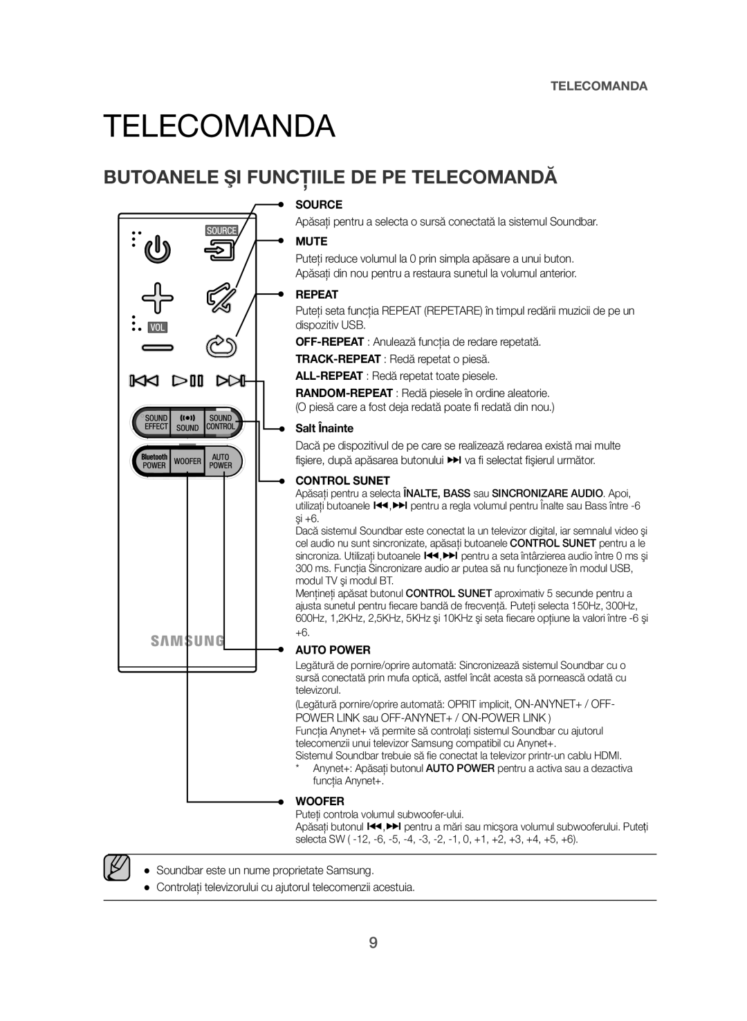 Samsung HW-J550/EN, HW-J551/EN manual Telecomanda, Butoanele ŞI Funcţiile DE PE Telecomandă, Salt Înainte 