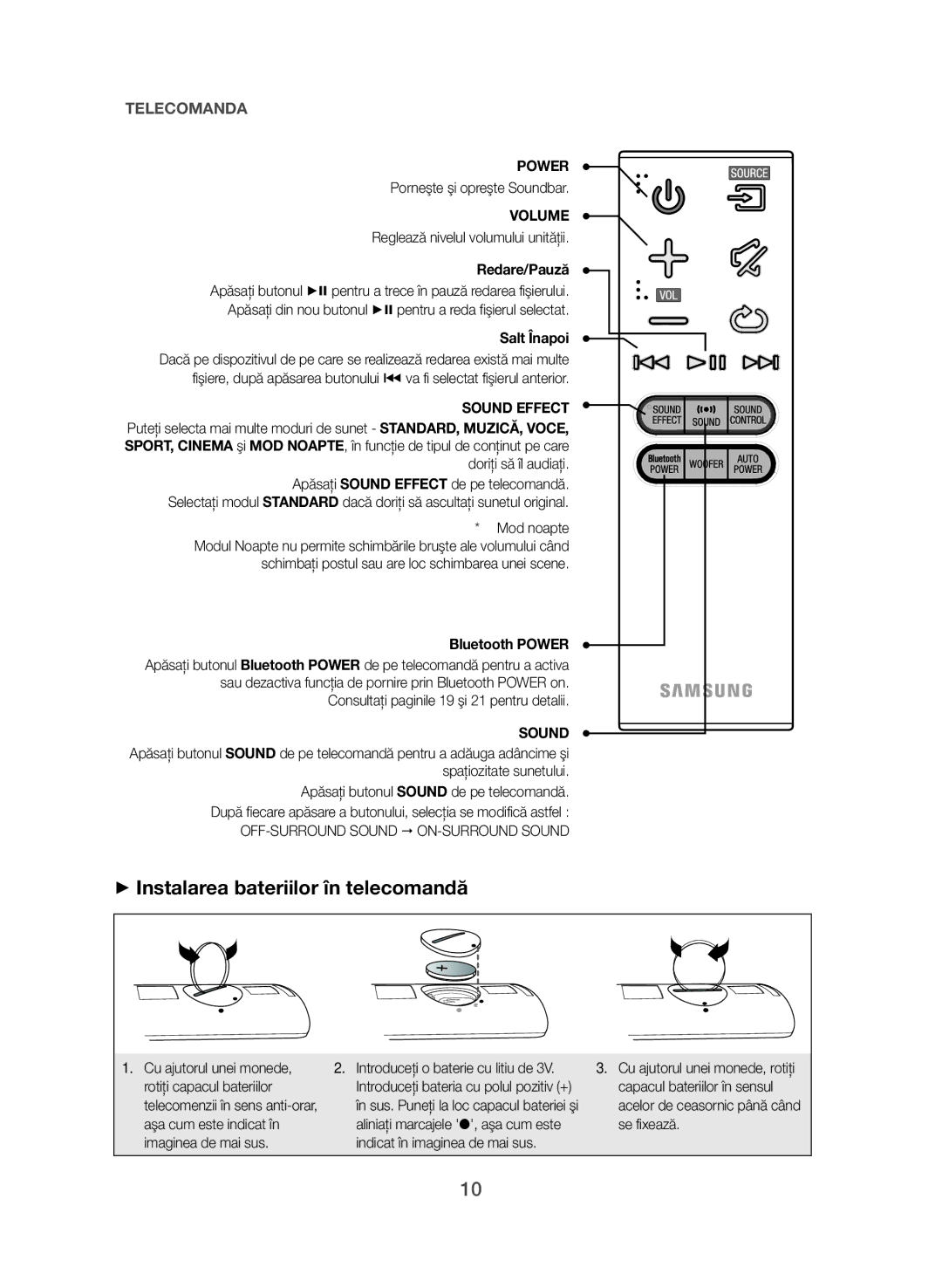 Samsung HW-J551/EN, HW-J550/EN manual ++Instalarea bateriilor în telecomandă, Redare/Pauză, Salt Înapoi 