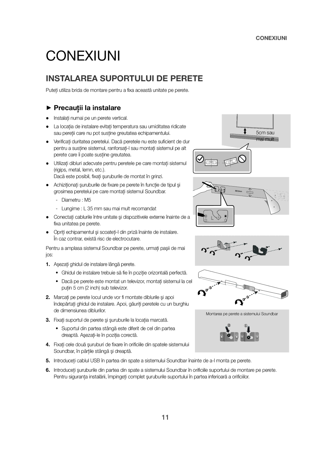 Samsung HW-J550/EN, HW-J551/EN manual Conexiuni, Instalarea Suportului DE Perete, ++Precauţii la instalare 