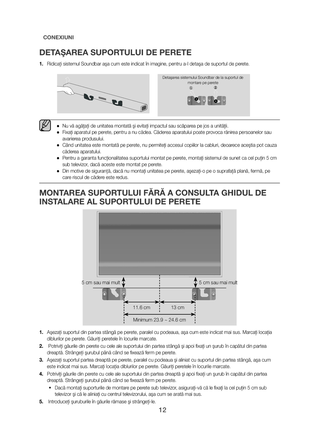 Samsung HW-J551/EN, HW-J550/EN Detaşarea Suportului DE Perete, Introduceţi şuruburile în găurile rămase şi strângeţi-le 