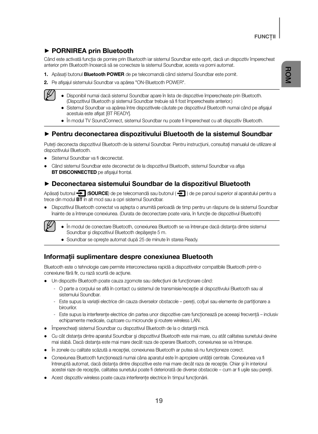 Samsung HW-J550/EN, HW-J551/EN manual ++PORNIREA prin Bluetooth, Informaţii suplimentare despre conexiunea Bluetooth 