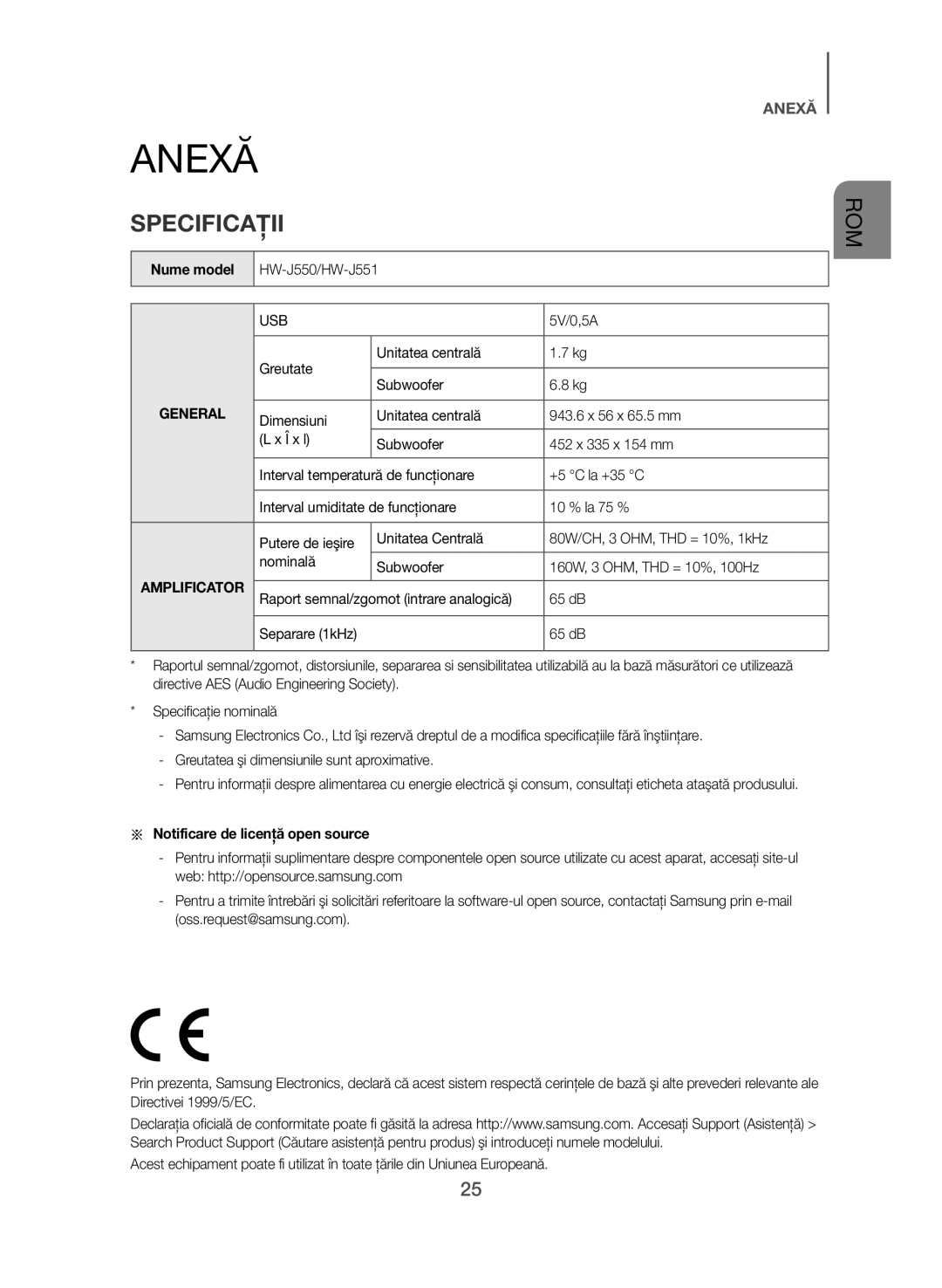 Samsung HW-J550/EN, HW-J551/EN manual Anexă, Specificaţii, Nume model, Aa Notificare de licenţă open source 