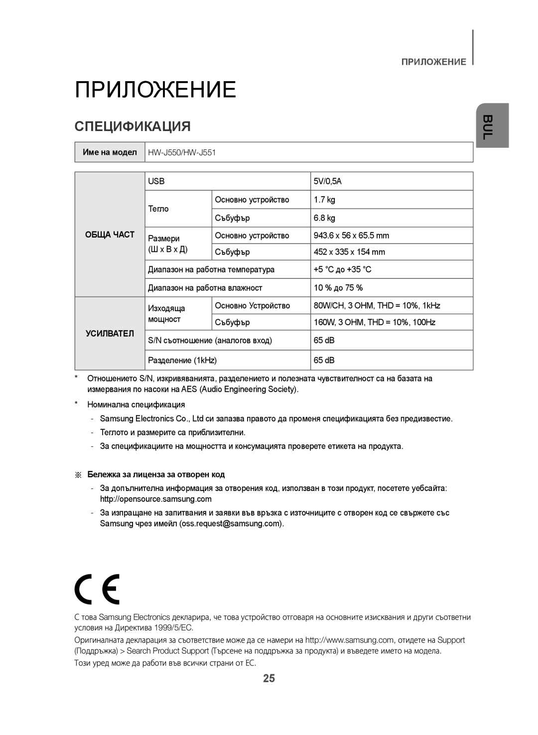 Samsung HW-J550/EN, HW-J551/EN manual Приложение, Спецификация, Име на модел, Тегло Основно устройство Събуфър 