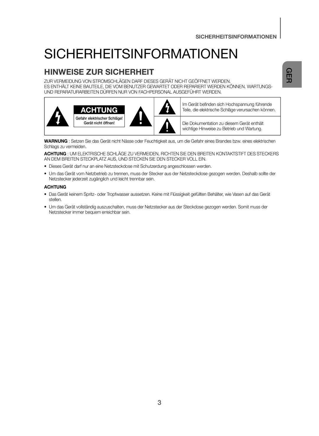 Samsung HW-J550/EN, HW-J551/EN manual Sicherheitsinformationen, Hinweise ZUR Sicherheit 