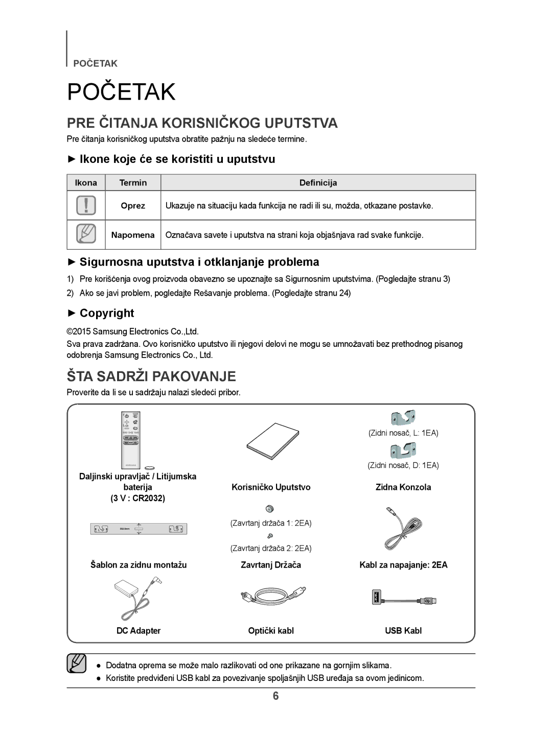 Samsung HW-J551/EN, HW-J550/EN manual Početak, PRE Čitanja Korisničkog Uputstva, ŠTA Sadrži Pakovanje 