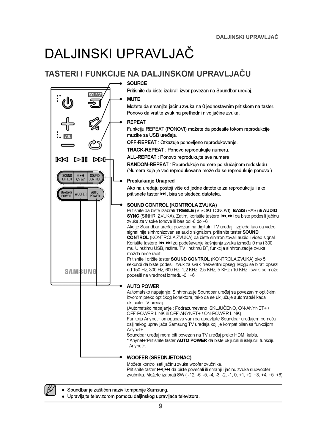 Samsung HW-J550/EN, HW-J551/EN manual Daljinski Upravljač, Tasteri I Funkcije NA Daljinskom Upravljaču, Preskakanje Unapred 