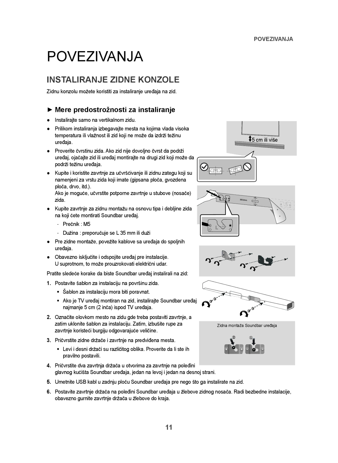 Samsung HW-J550/EN manual Povezivanja, Instaliranje Zidne Konzole, ++Mere predostrožnosti za instaliranje, Cm ili više 