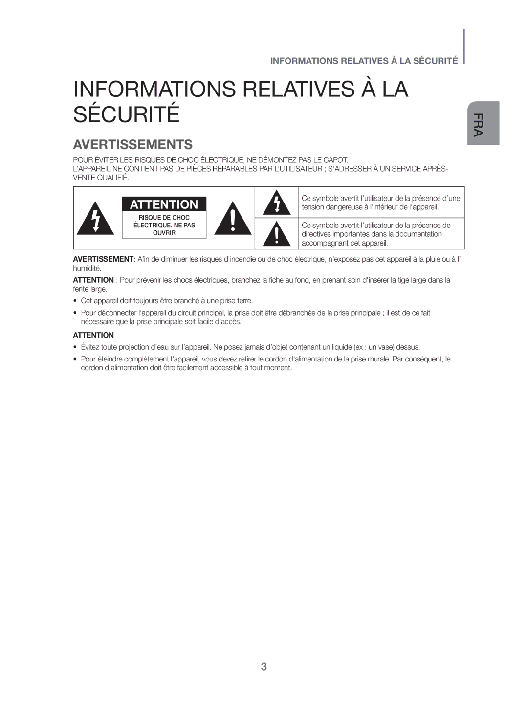 Samsung HW-J550/EN, HW-J551/EN manual Informations Relatives À LA Sécurité, Avertissements 