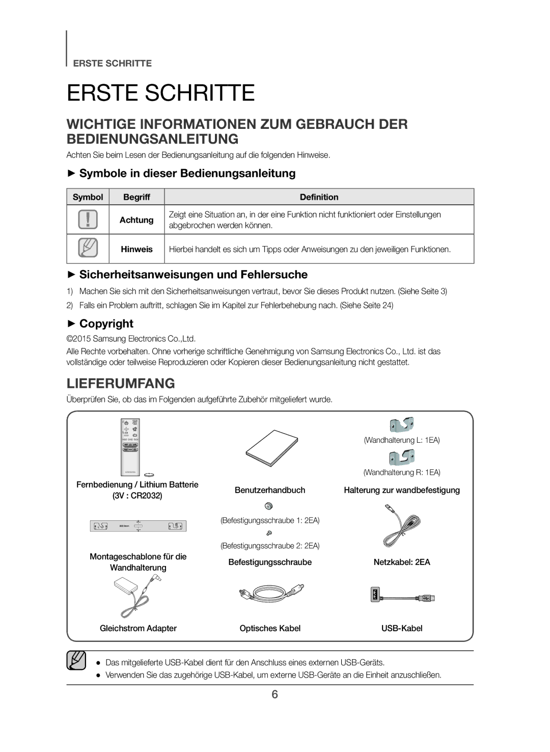 Samsung HW-J551/EN, HW-J550/EN Erste Schritte, Wichtige Informationen ZUM Gebrauch DER Bedienungsanleitung, Lieferumfang 