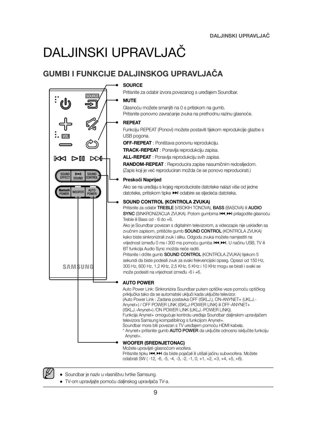 Samsung HW-J550/EN manual Gumbi I Funkcije Daljinskog Upravljača, Pritisnite za odabir izvora povezanog s uređajem Soundbar 