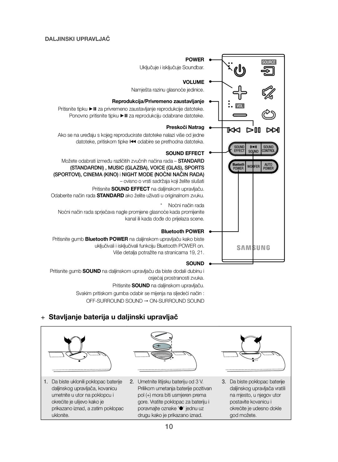 Samsung HW-J551/EN, HW-J550/EN manual Uključuje i isključuje Soundbar, Namješta razinu glasnoće jedinice, Preskoči Natrag 