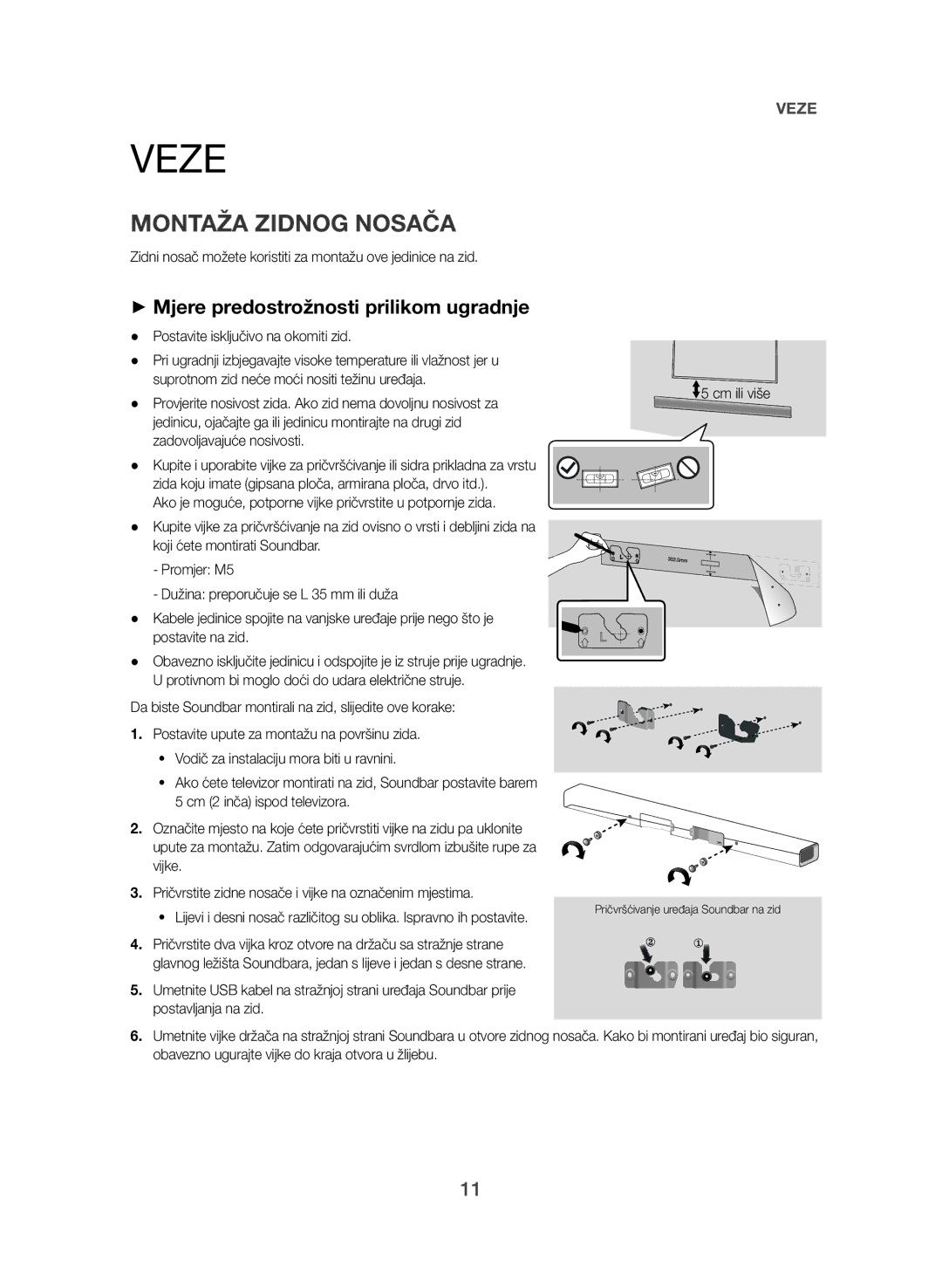 Samsung HW-J550/EN, HW-J551/EN manual Veze, Montaža Zidnog Nosača, ++Mjere predostrožnosti prilikom ugradnje 