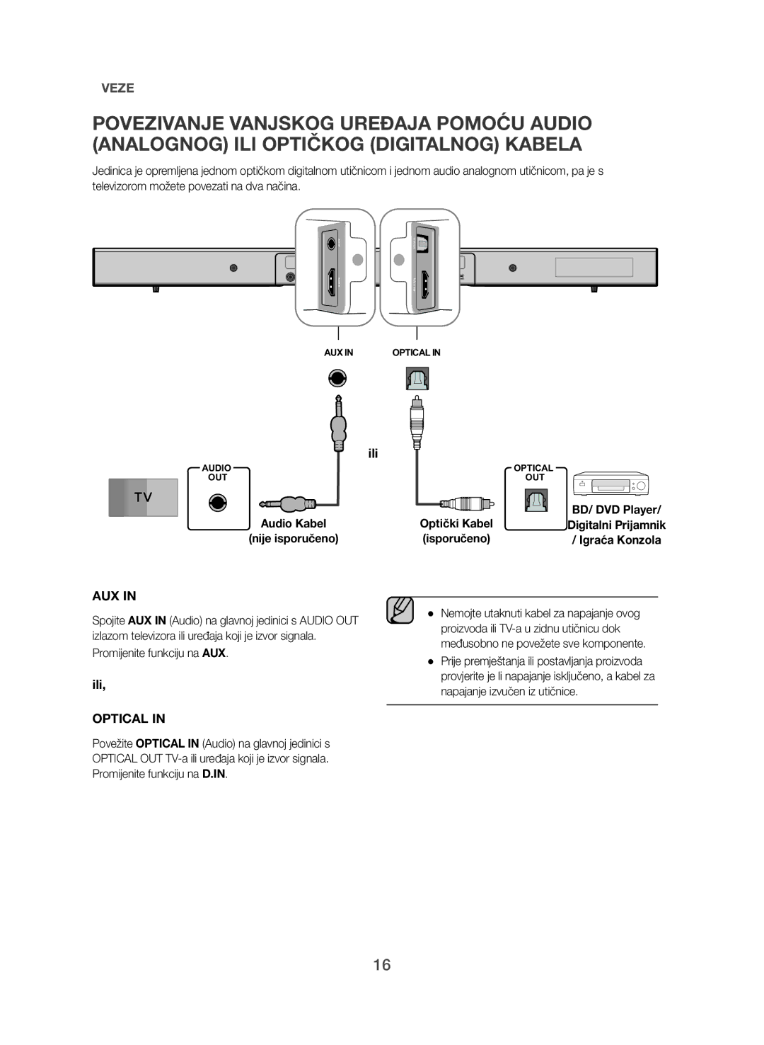 Samsung HW-J551/EN, HW-J550/EN Audio Kabel Nije isporučeno, Promijenite funkciju na AUX, Digitalni Prijamnik, Isporučeno 