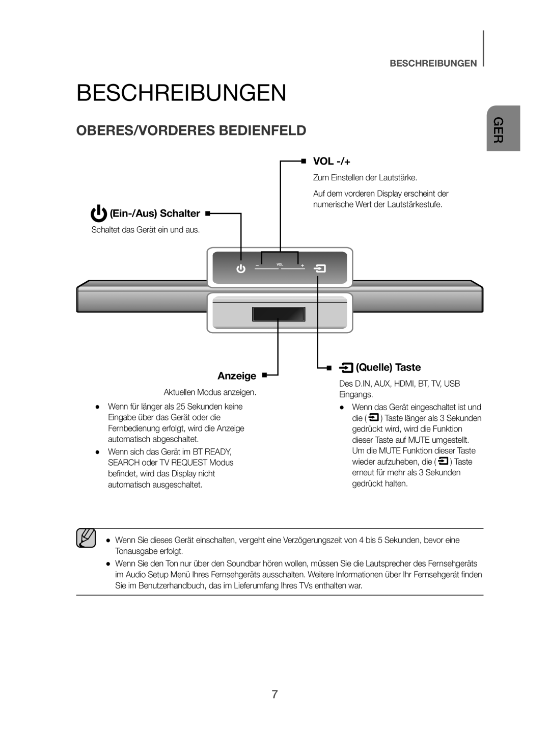 Samsung HW-J550/EN, HW-J551/EN manual Beschreibungen, OBERES/VORDERES Bedienfeld, Ein-/Aus Schalter, Anzeige Quelle Taste 