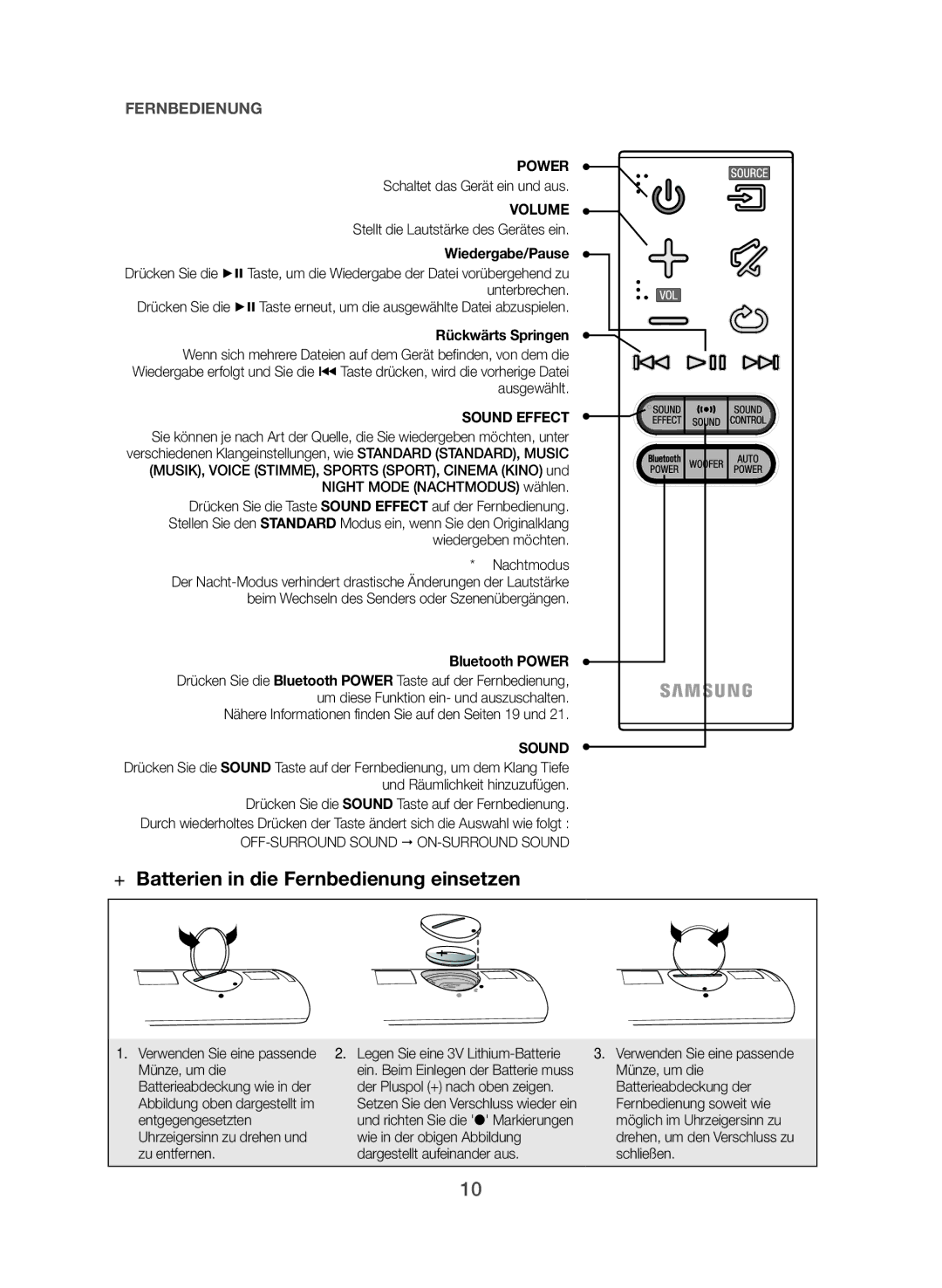 Samsung HW-J551/EN, HW-J550/EN manual ++Batterien in die Fernbedienung einsetzen, Wiedergabe/Pause, Rückwärts Springen 