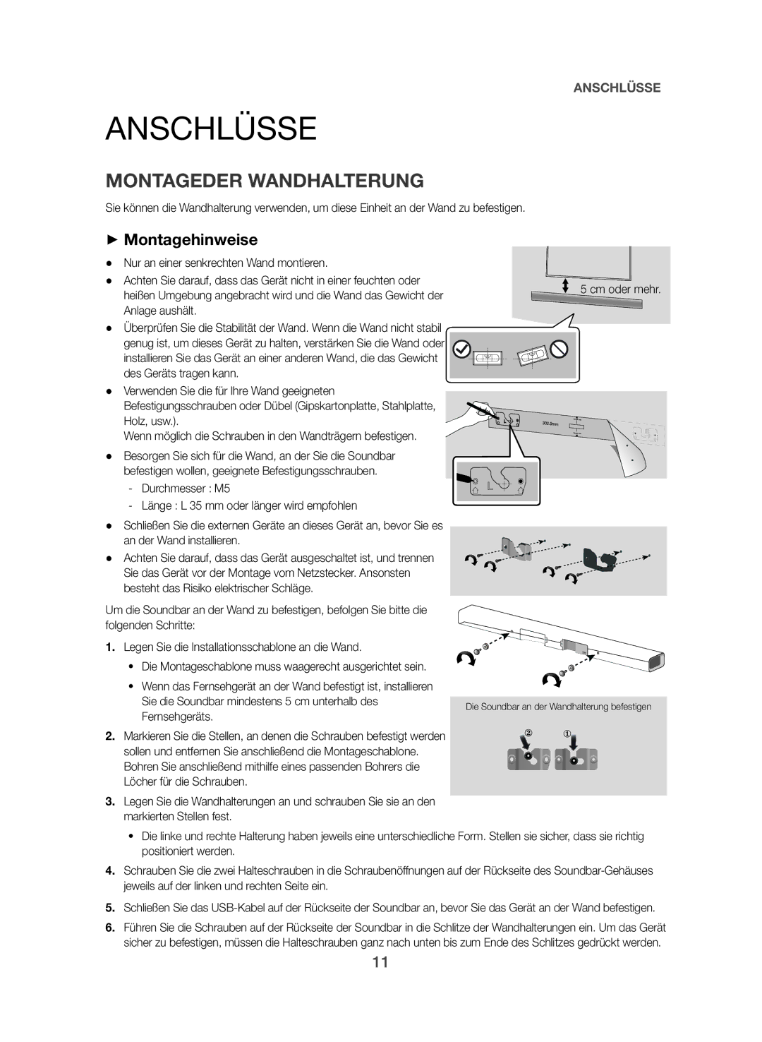 Samsung HW-J550/EN, HW-J551/EN manual Anschlüsse, Montageder Wandhalterung, ++Montagehinweise 