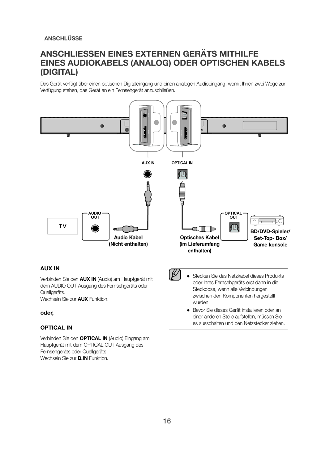 Samsung HW-J551/EN, HW-J550/EN manual Oder, Audio Kabel Nicht enthalten, Wechseln Sie zur D.IN Funktion 