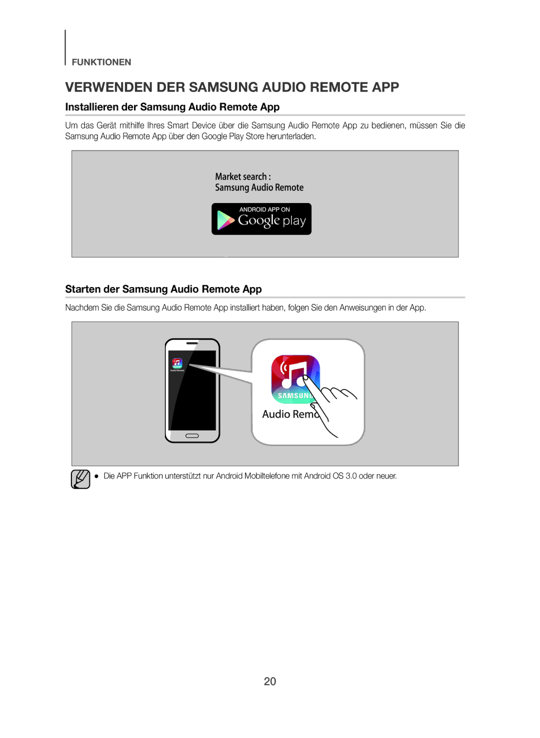 Samsung HW-J551/EN, HW-J550/EN manual Verwenden DER Samsung Audio Remote APP, Installieren der Samsung Audio Remote App 