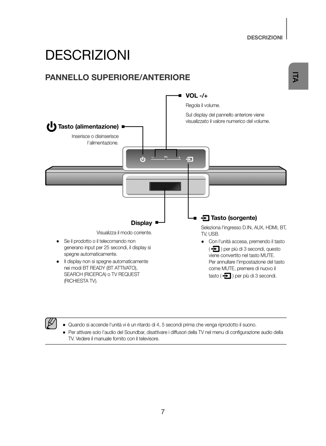 Samsung HW-J550/EN, HW-J551/EN Descrizioni, Pannello SUPERIORE/ANTERIORE, Tasto alimentazione, Display, Tasto sorgente 