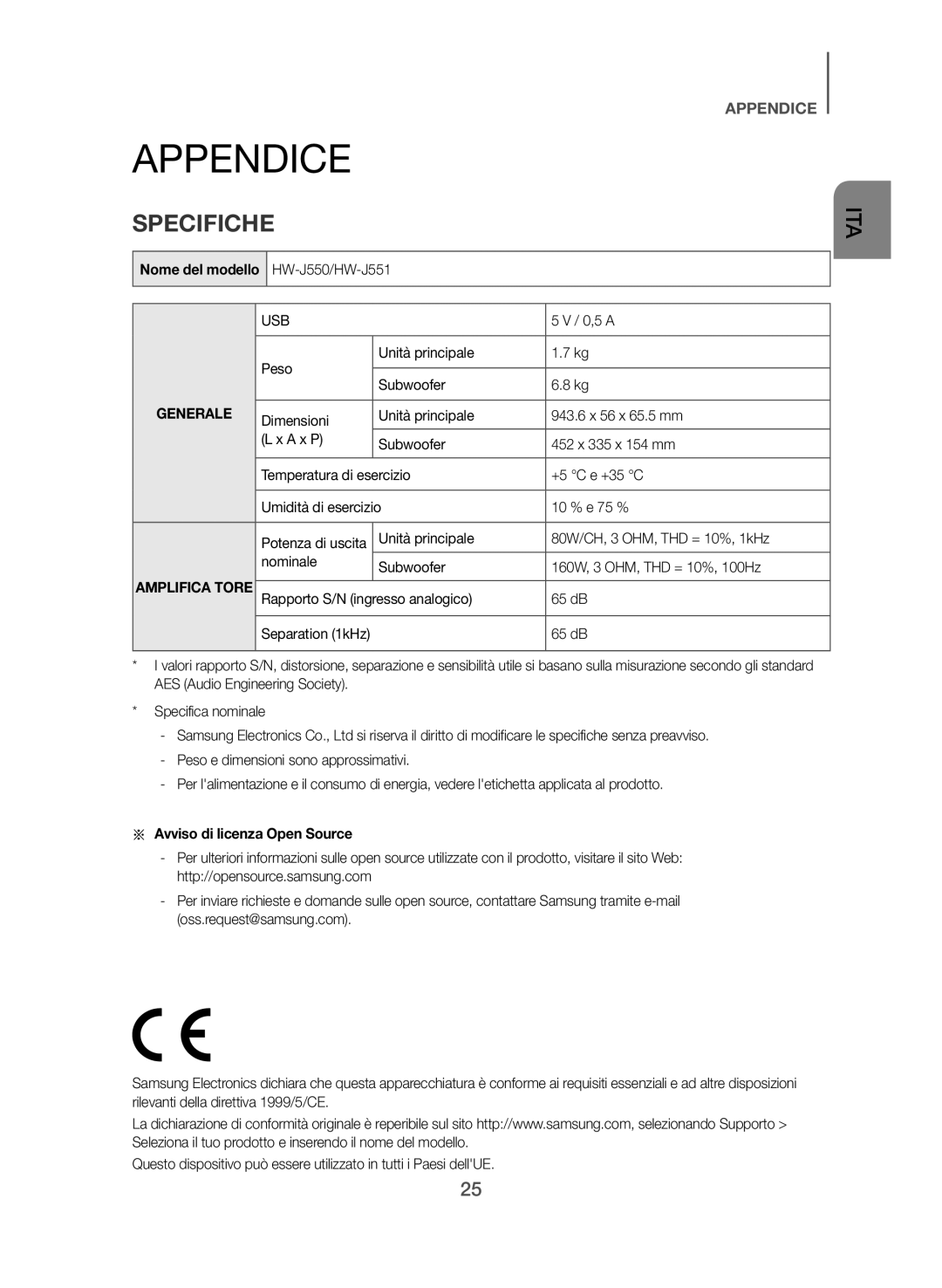 Samsung HW-J550/EN manual Appendice, Specifiche, Peso Unità principale, Unità principale 80W/CH, 3 OHM, THD = 10%, 1kHz 