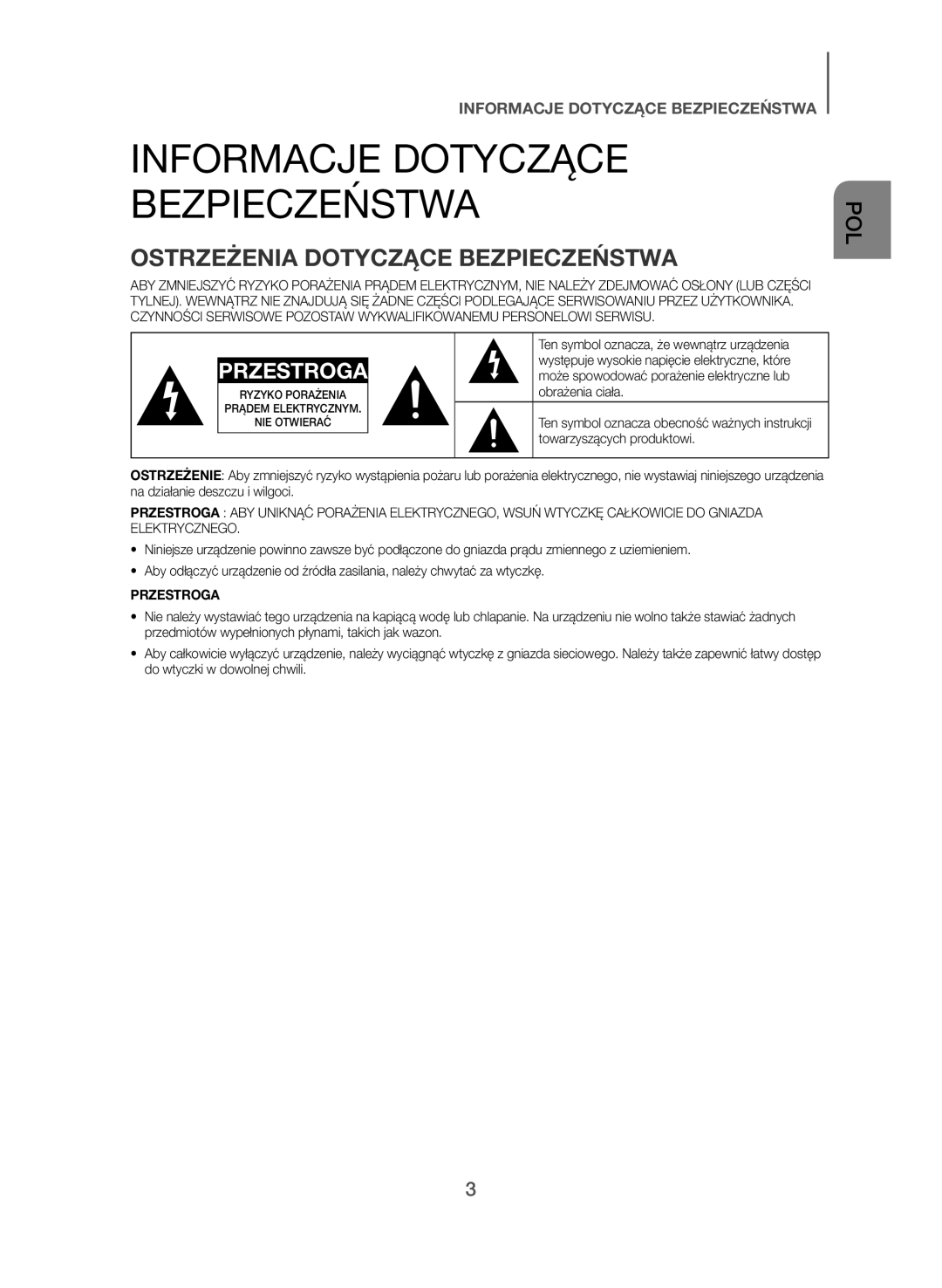 Samsung HW-J550/EN, HW-J551/EN manual Informacje Dotyczące Bezpieczeństwa, Ostrzeżenia Dotyczące Bezpieczeństwa 