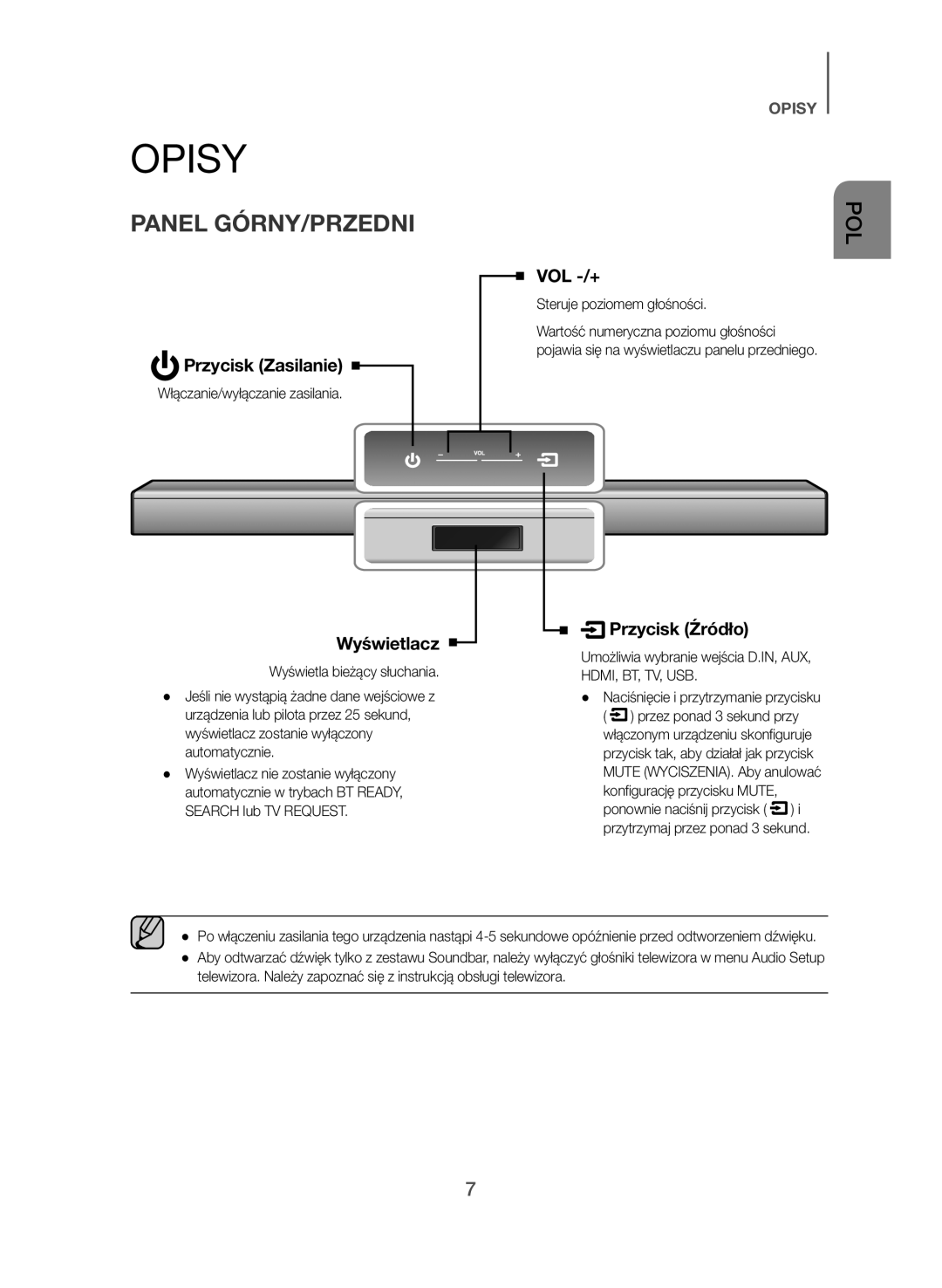 Samsung HW-J550/EN, HW-J551/EN manual Opisy, Panel GÓRNY/PRZEDNI, Przycisk Zasilanie, Wyświetlacz, Przycisk Źródło 