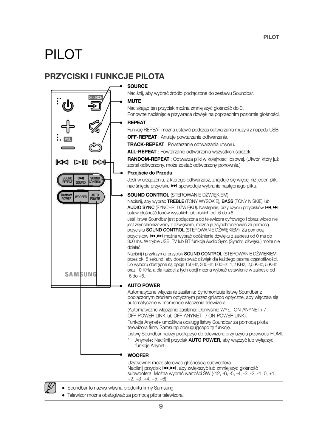 Samsung HW-J550/EN, HW-J551/EN manual Przyciski I Funkcje Pilota, Przejście do Przodu 