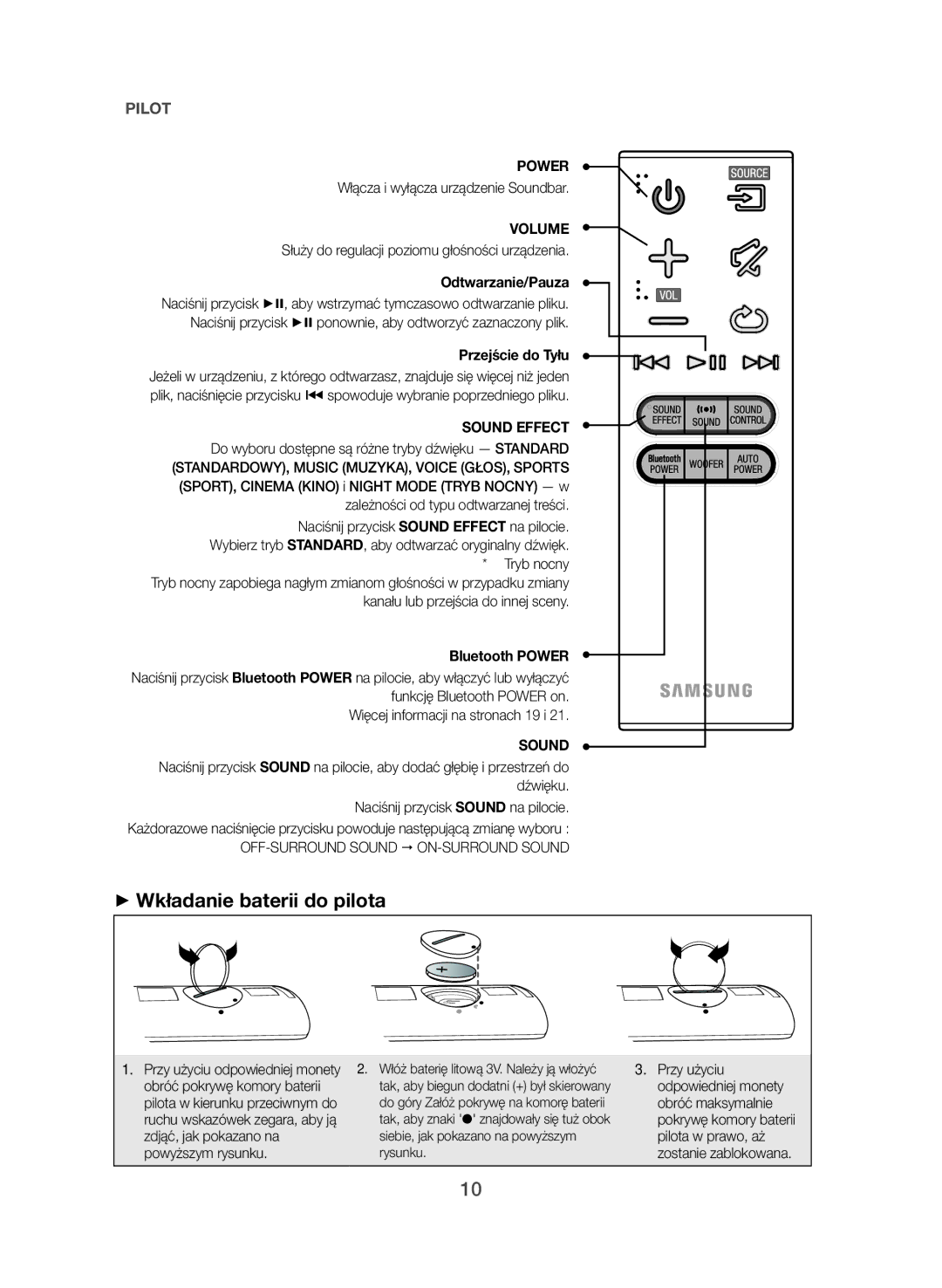 Samsung HW-J551/EN, HW-J550/EN manual ++Wkładanie baterii do pilota, Odtwarzanie/Pauza, Przejście do Tyłu 