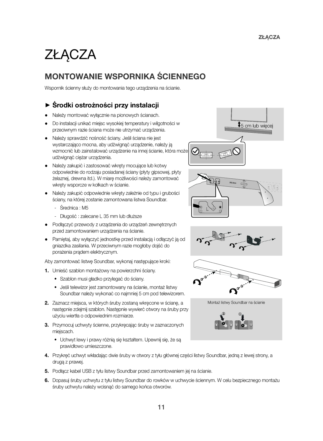 Samsung HW-J550/EN, HW-J551/EN manual Złącza, Montowanie Wspornika Ściennego, ++Środki ostrożności przy instalacji 