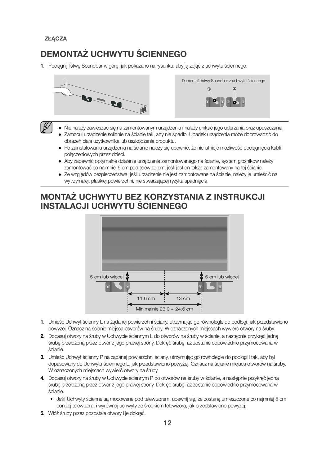 Samsung HW-J551/EN, HW-J550/EN manual Demontaż Uchwytu Ściennego, Włóż śruby przez pozostałe otwory i je dokręć 