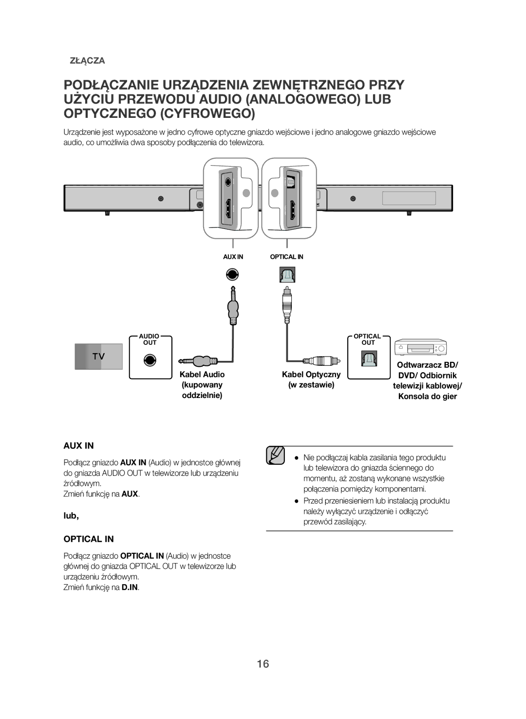 Samsung HW-J551/EN, HW-J550/EN manual Lub, Kabel Optyczny, DVD/ Odbiornik, Oddzielnie Konsola do gier 