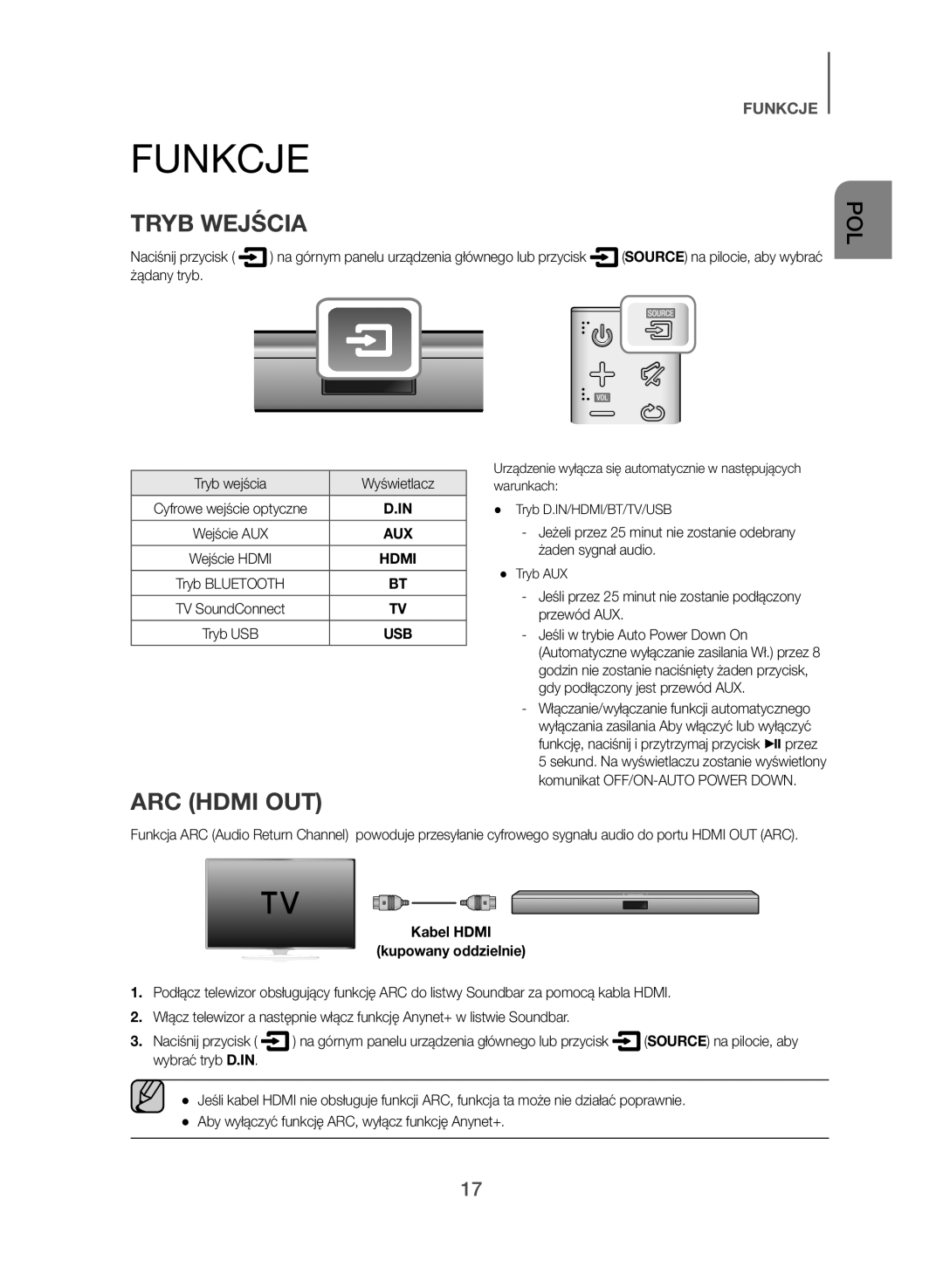 Samsung HW-J550/EN, HW-J551/EN manual Funkcje, Tryb Wejścia, Tryb wejścia Wyświetlacz, Kabel Hdmi Kupowany oddzielnie 