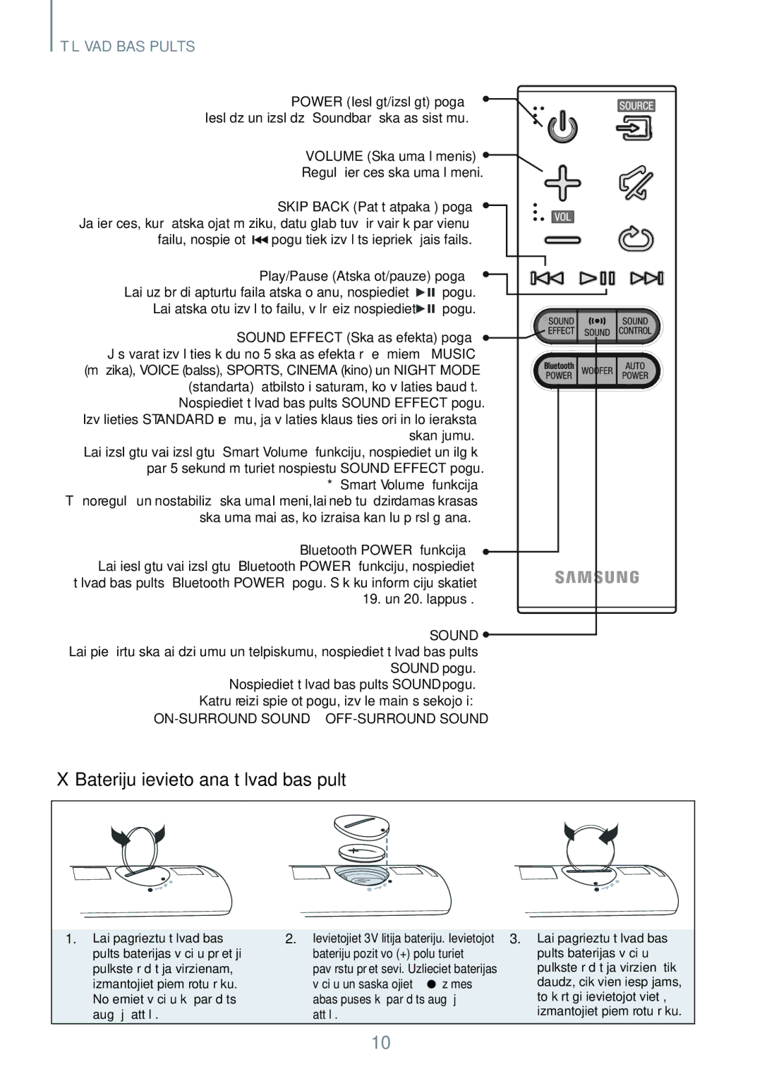 Samsung HW-J551/EN, HW-J550/EN manual  Bateriju ievietošana tālvadības pultī, Play/Pause Atskaņot/pauze poga 