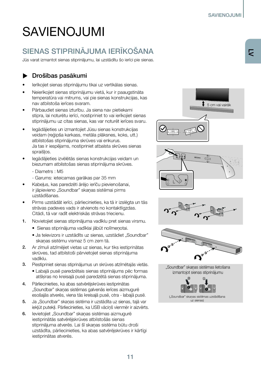 Samsung HW-J550/EN, HW-J551/EN manual Savienojumi, Sienas Stiprinājuma Ierīkošana,  Drošības pasākumi 