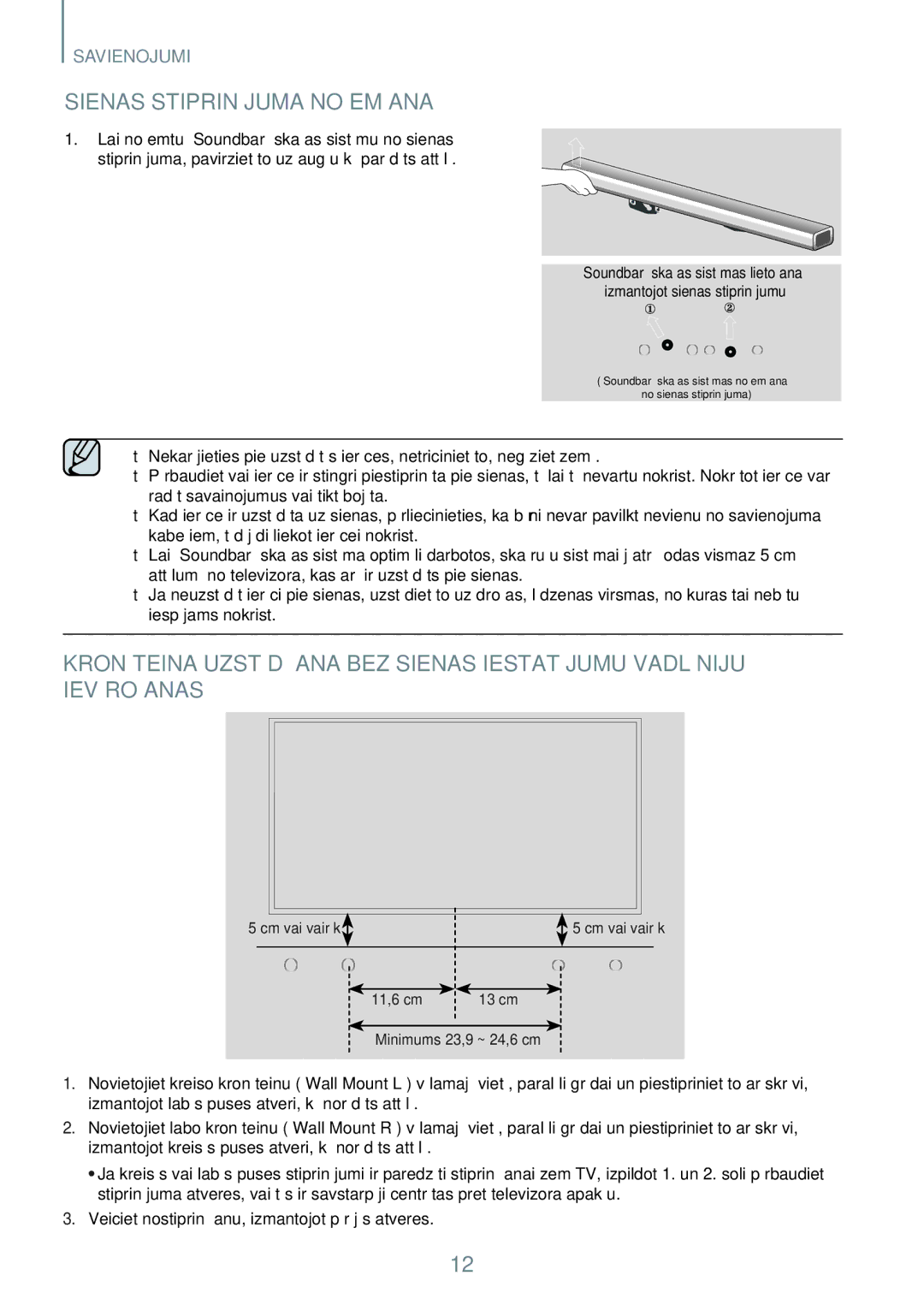 Samsung HW-J551/EN, HW-J550/EN manual Sienas Stiprinājuma Noņemšana 