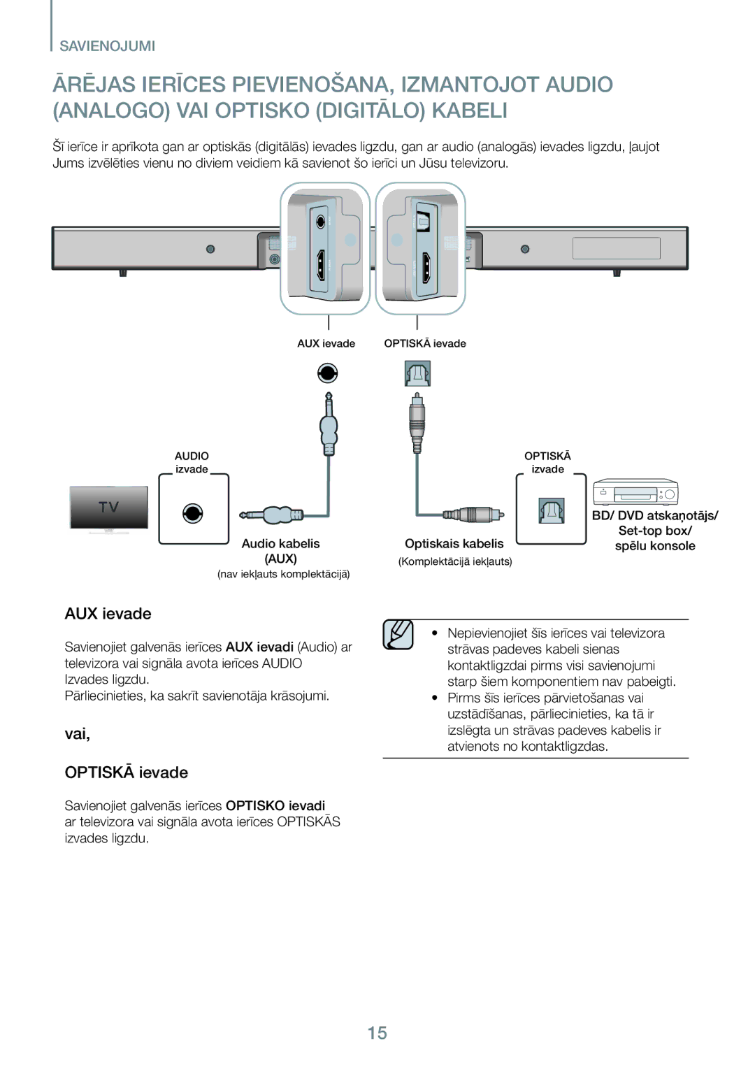 Samsung HW-J550/EN, HW-J551/EN manual AUX ievade, Vai, Optiskā ievade 