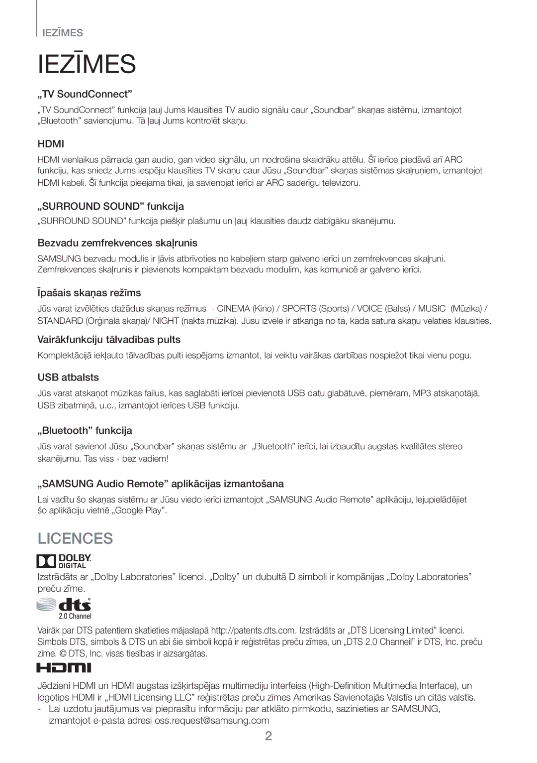 Samsung HW-J551/EN, HW-J550/EN manual Iezīmes, Licences 