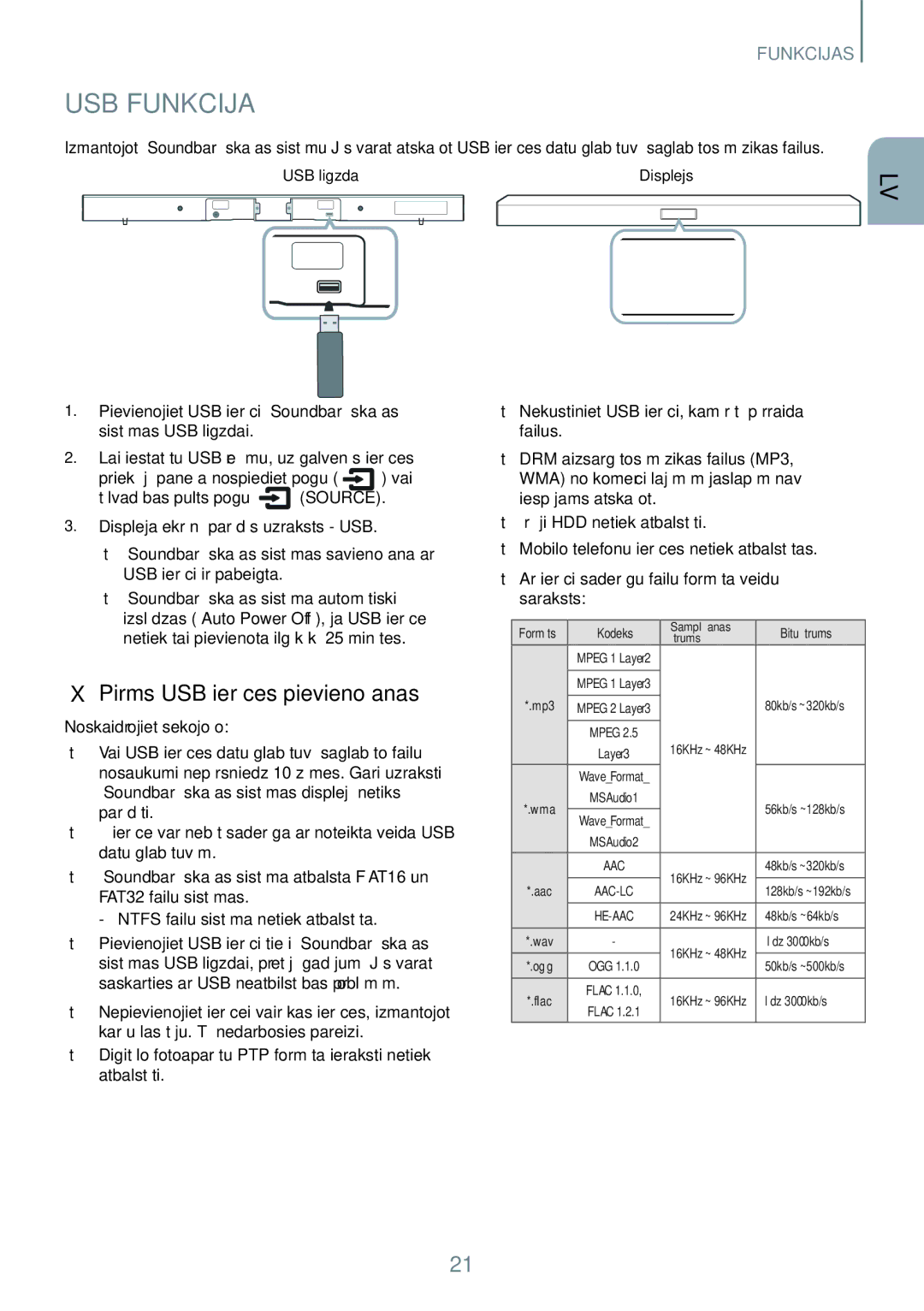 Samsung HW-J550/EN, HW-J551/EN manual USB Funkcija,  Pirms USB ierīces pievienošanas 